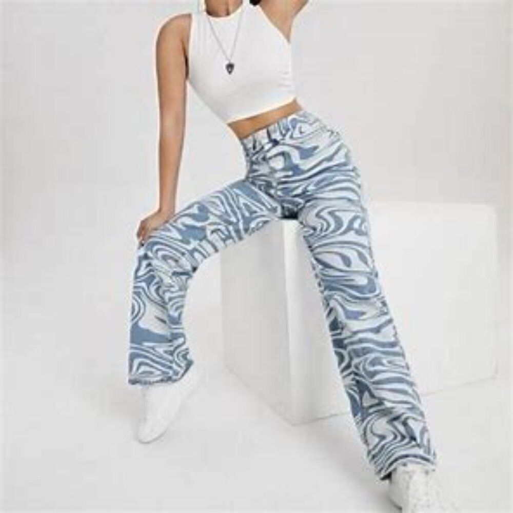 WAVE Super 70's Groovy Blue and White Swirl Pattern Jeans Trendy Pattern Sz: S